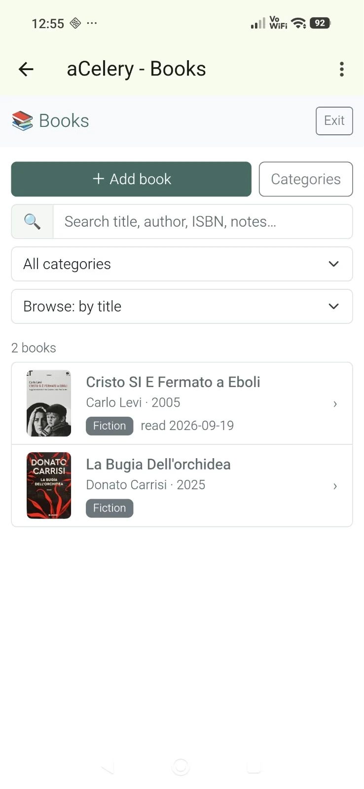 AI-built Books app: a library list with cover thumbnails, authors, years and categories
