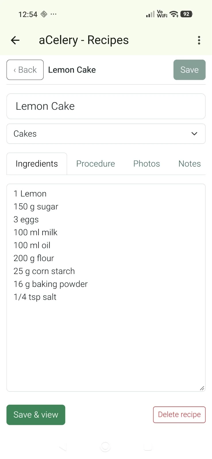 AI-built Recipes app: editing Lemon Cake, with Ingredients, Procedure, Photos and Notes tabs