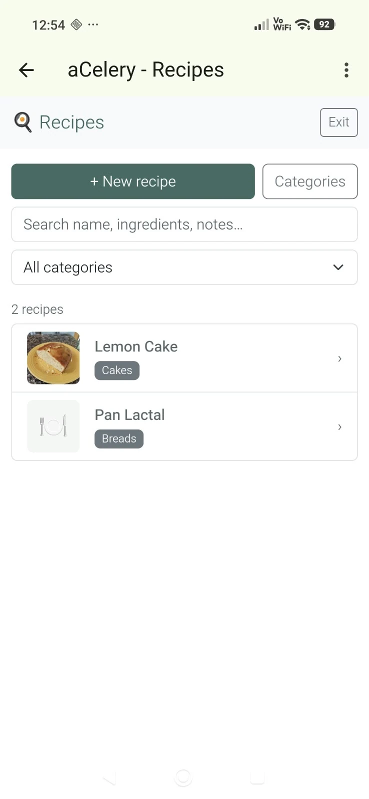 AI-built Recipes app: a list of recipes with photos and categories, search and a category filter