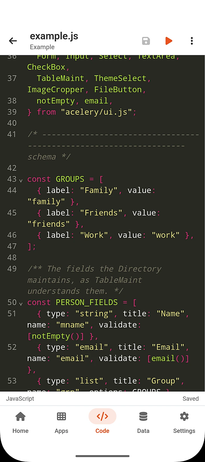 The aCelery code editor showing JavaScript with syntax highlighting