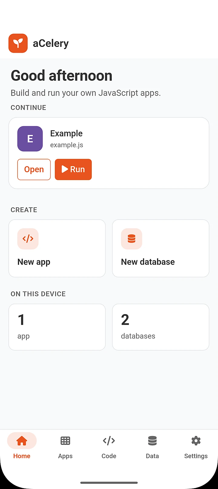 The aCelery home screen with an Example app and buttons to create a new app or database