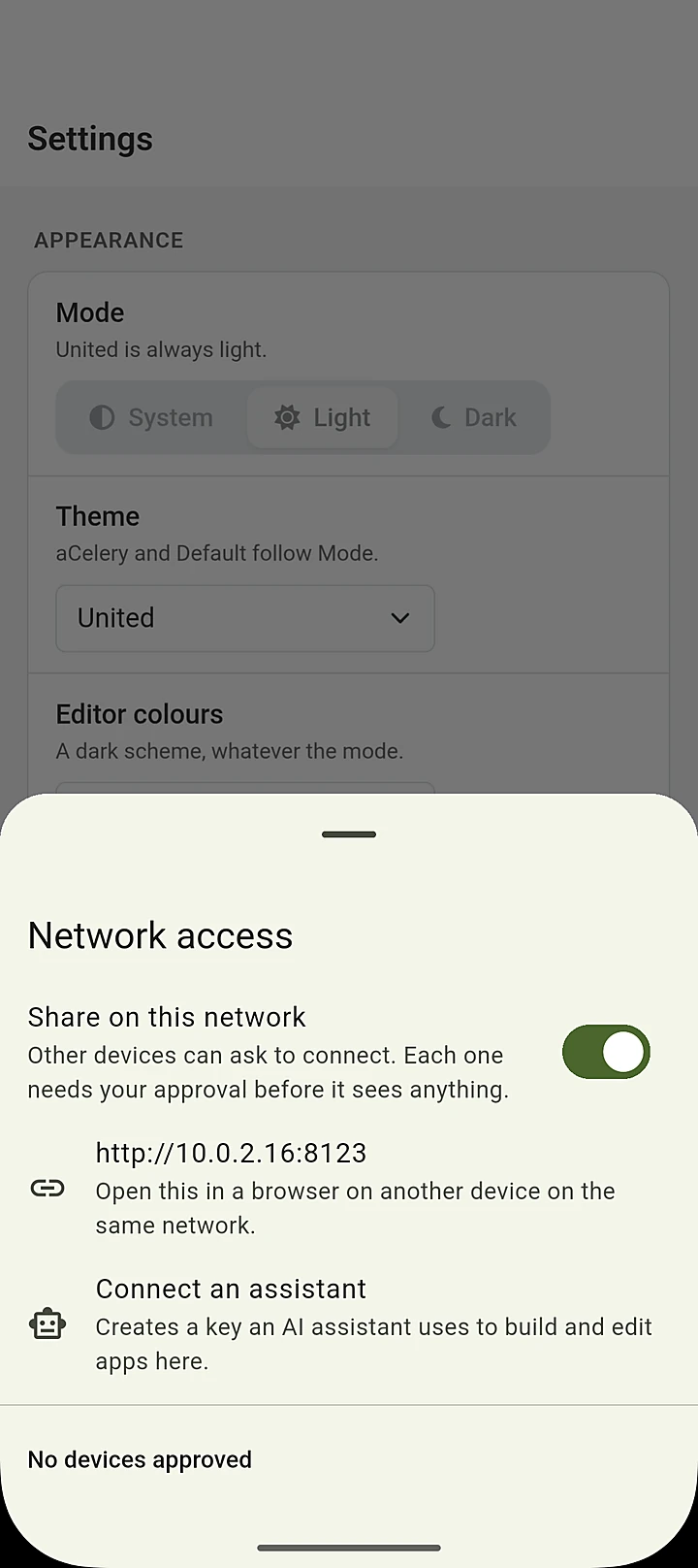 Network access sheet with Share on this network and Connect an assistant