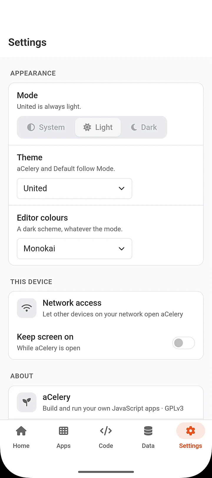Settings with theme and editor colour choices