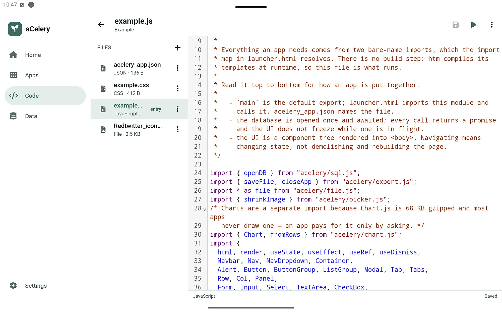 aCelery's code editor on a tablet, with the project's files listed beside the source
