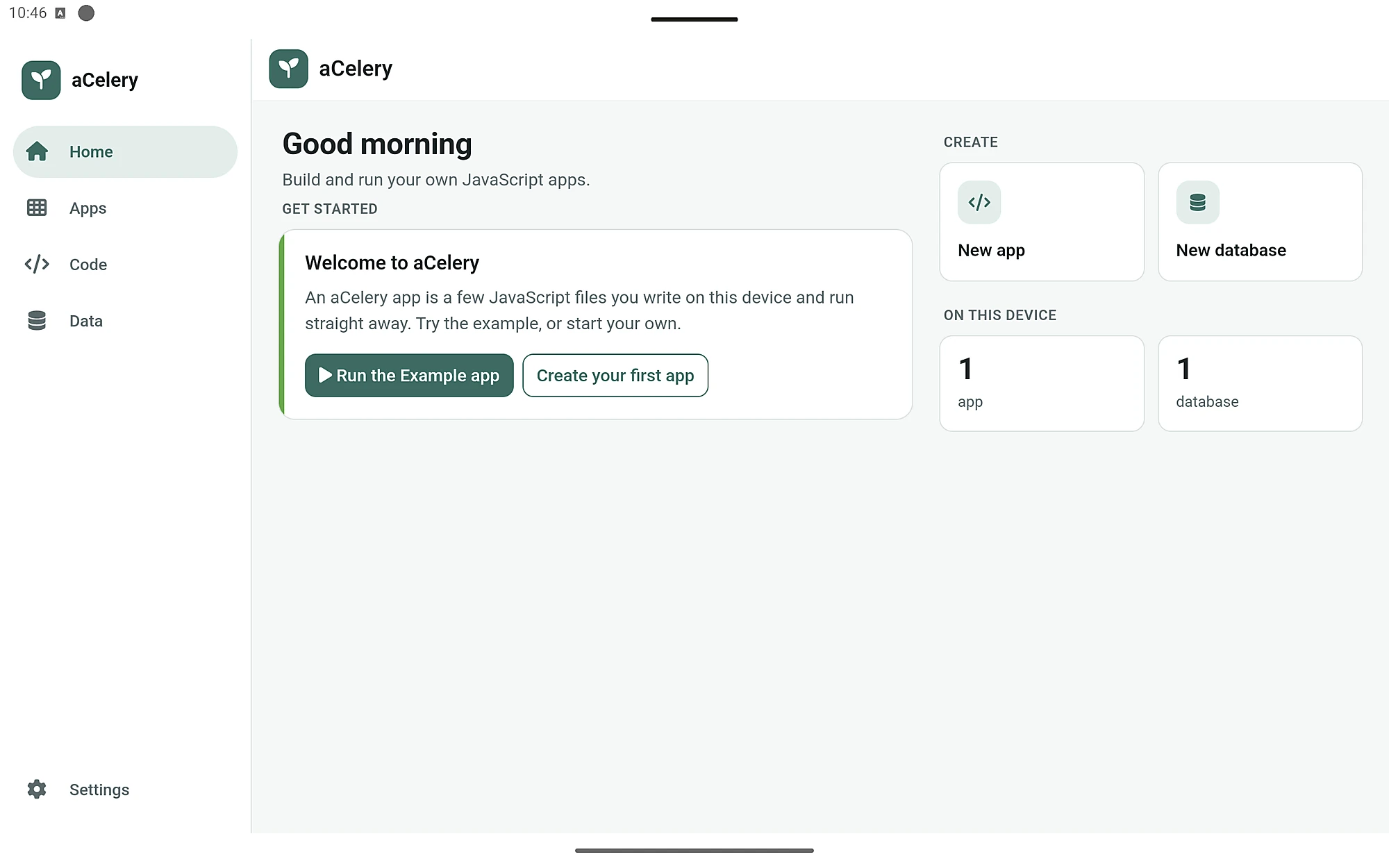 aCelery on a tablet: navigation rail with Home, Apps, Code and Data, and a welcome panel