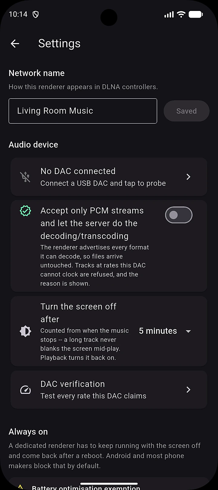 Settings: network name, audio device, screen-off timer, DAC verification