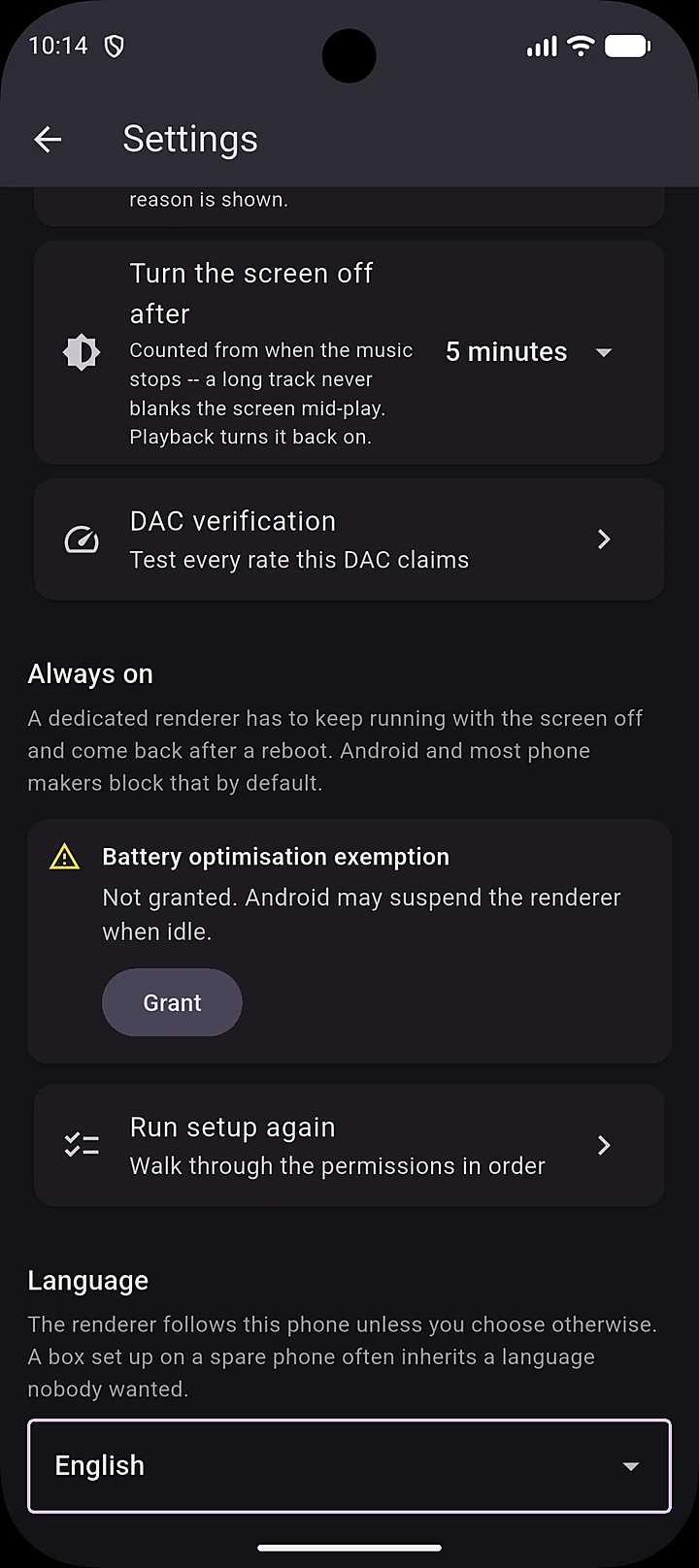 Settings: always-on options and language