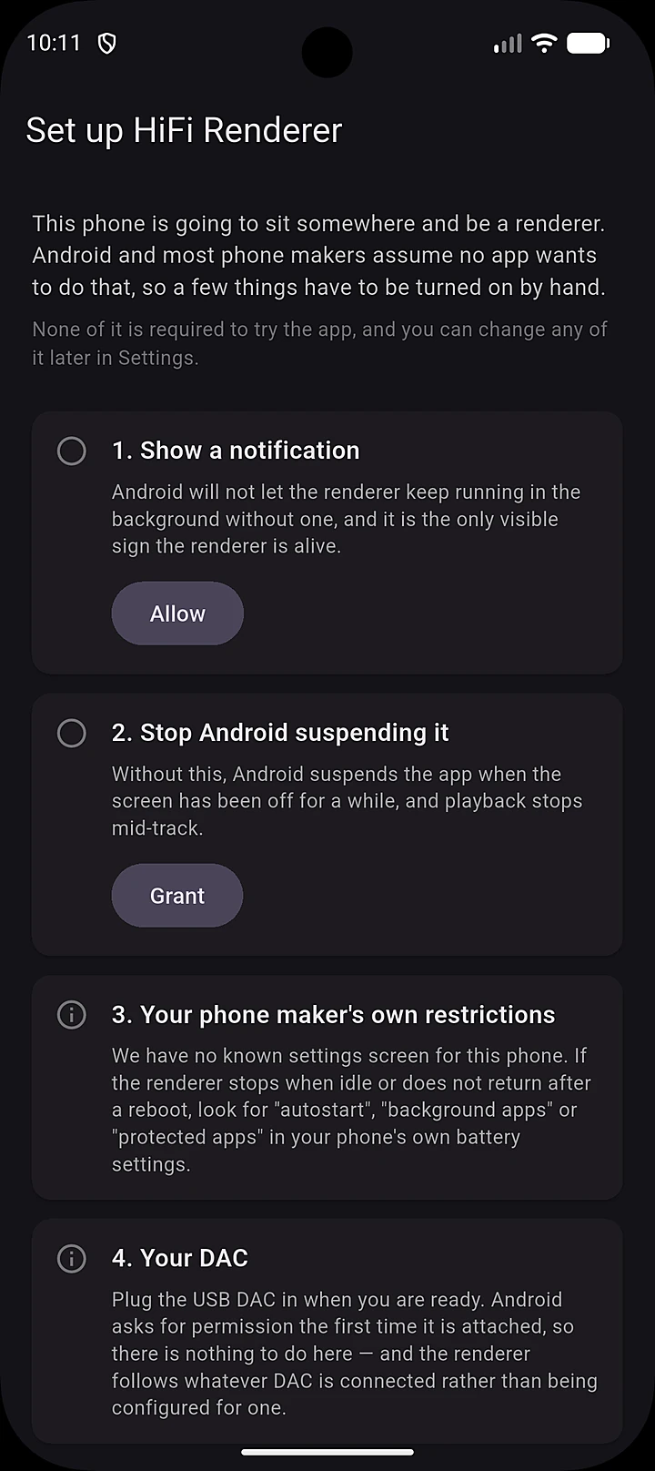 First-run setup walking through notification, battery and DAC permissions