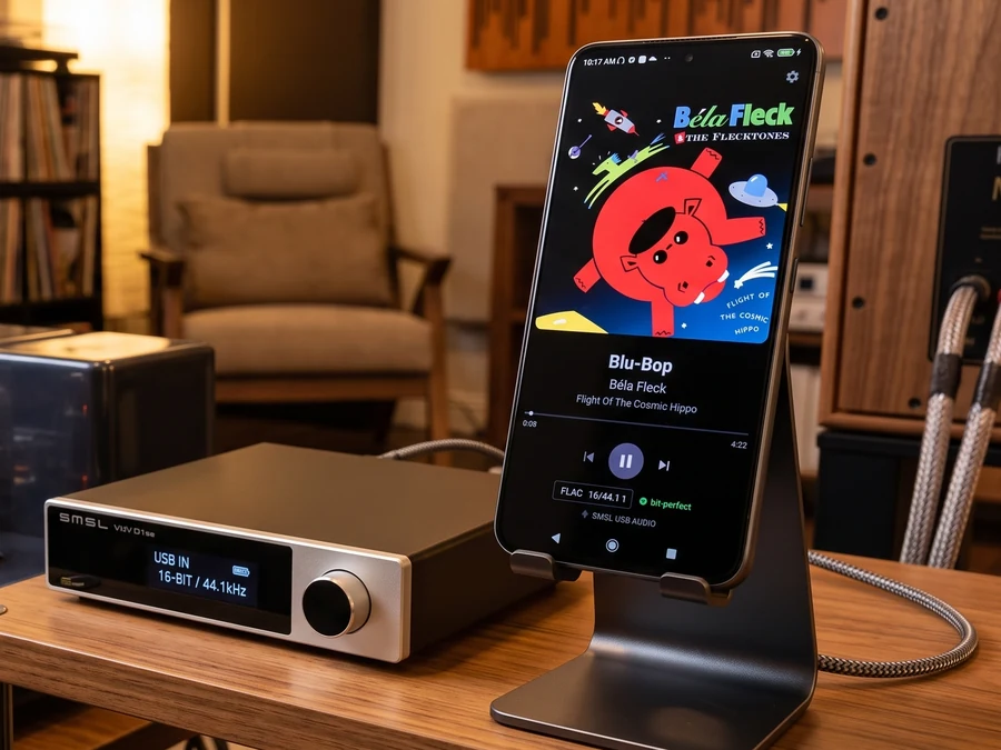 An Android phone on a stand running HiFi Renderer, playing FLAC 16/44.1 bit-perfect to an SMSL USB DAC