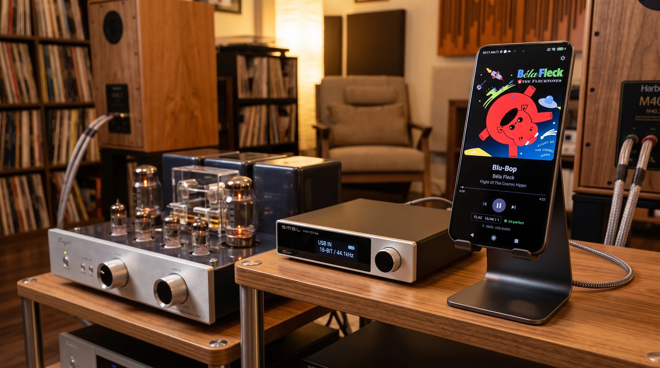 HiFi Renderer on an Android phone playing FLAC 16/44.1 bit-perfect into an SMSL USB DAC, beside a valve amplifier in a listening room